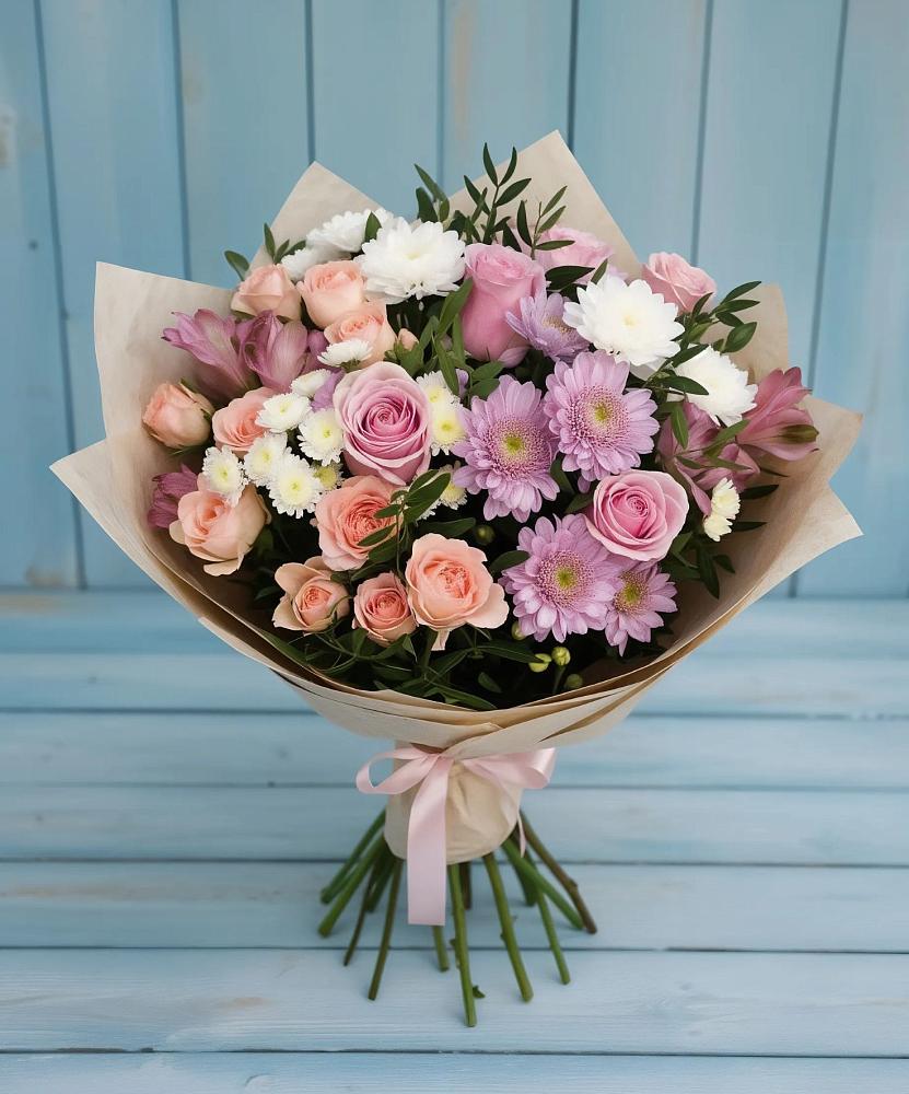 Букет цветов из: Хризантемы, Розы и Альстромерии в Ногликах