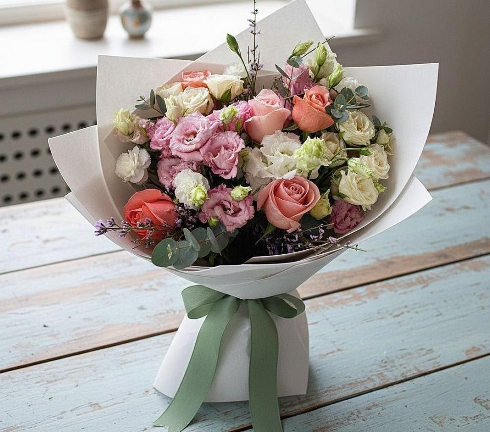 Букет цветов из: Розы, Лизиантусы и Гвоздики в Ногликах