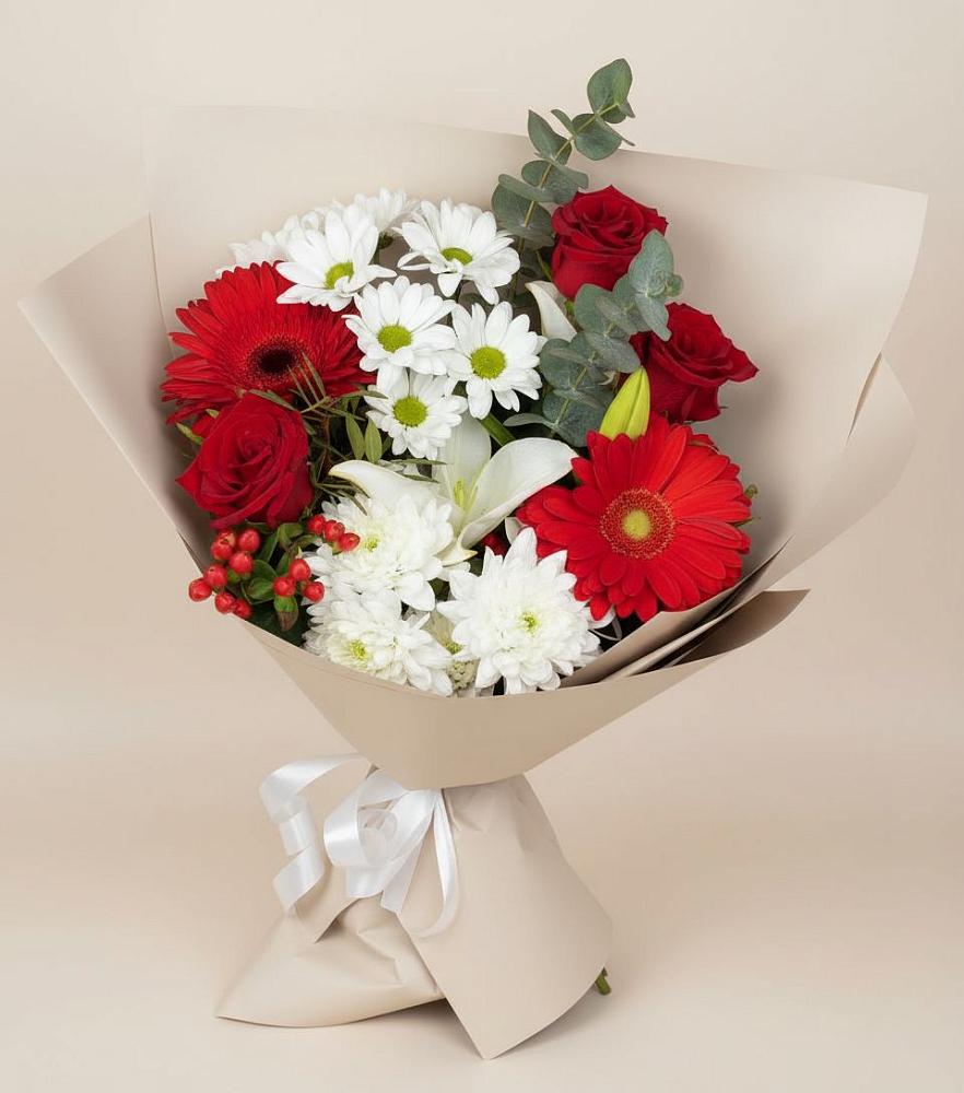 Букет цветов из: Розы, Хризантемы, Герберы и Лилии в Ногликах