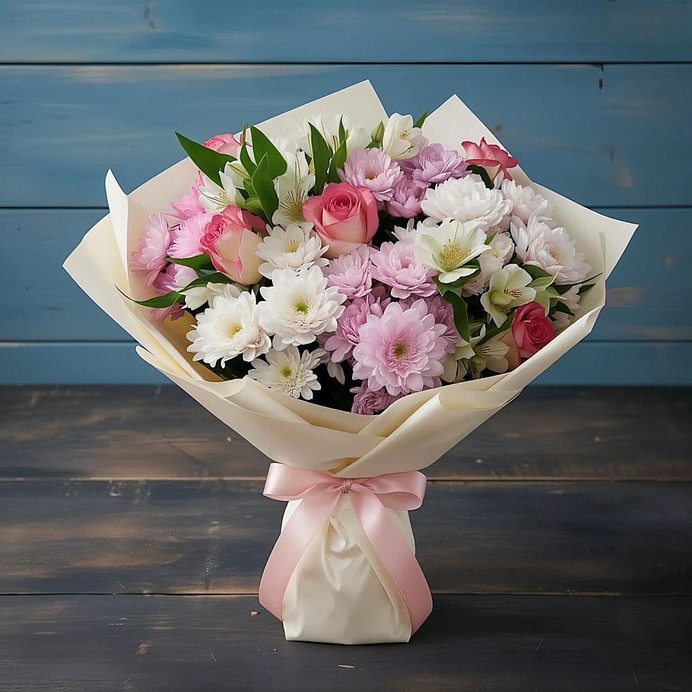 Букет цветов из: Хризантемы, Альстромерии и Розы в Ногликах